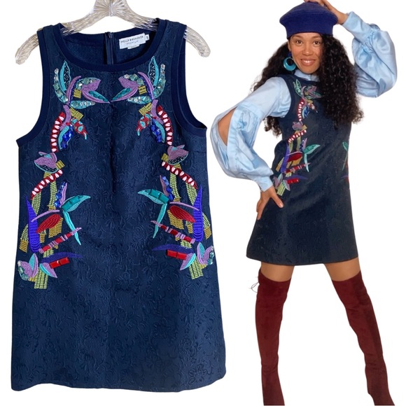 Molly Bracken Dresses & Skirts - Molly Bracken Premium Navy Blue Floral Damask Embroidered Jeweled 70s Gogo Dress